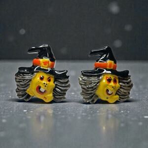 Vintage Witch Face Clip On Earrings Kitsch Halloween Novelty Costume Jewelry
